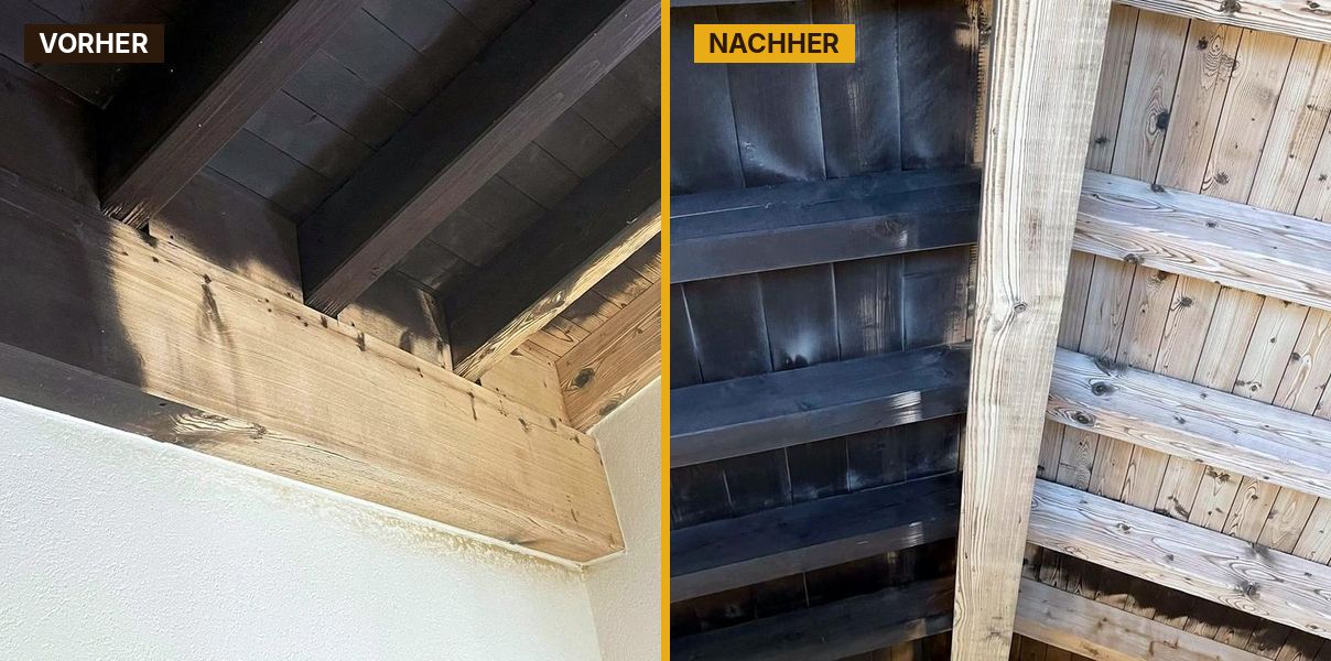 Holzdecke & Sichtbalken – vorher und nachher